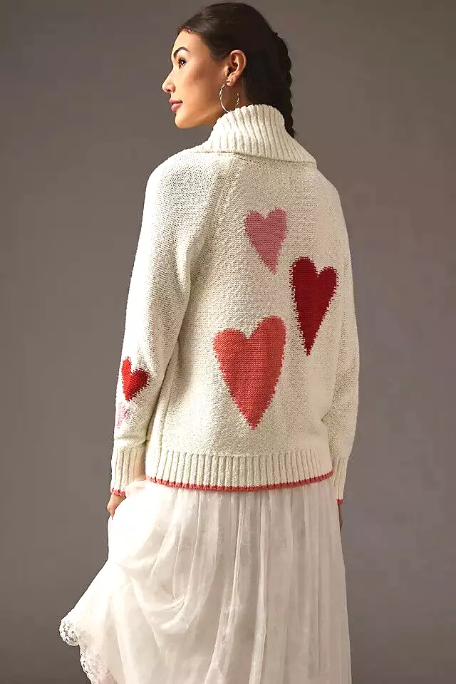Anthropologie Heart Shawl Cardigan Sweater Love Piping Trim Cream