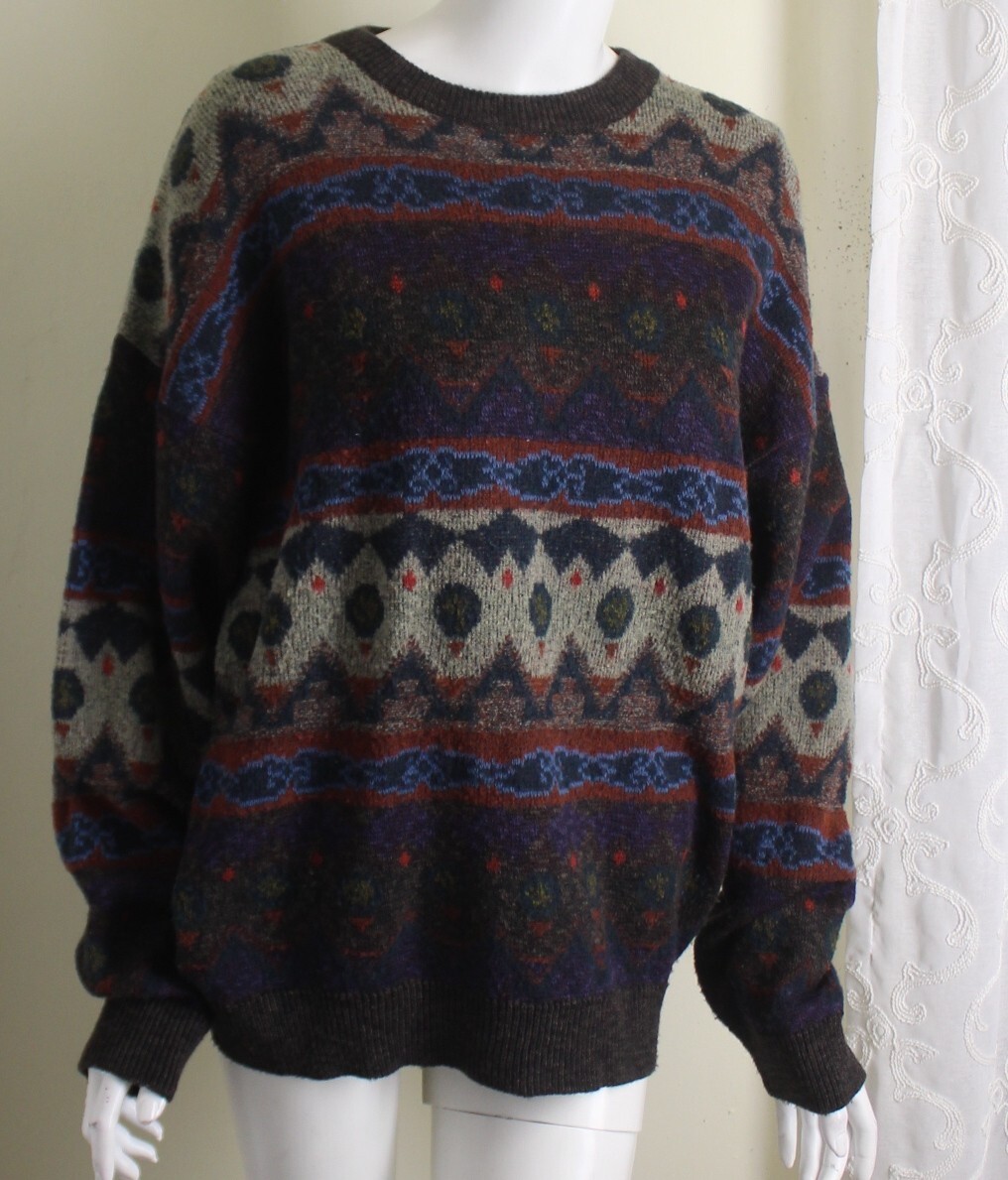 Vintage 80s 90s BOSS Hugo Crweneck Tribal Wool Sweater Sz 50 M L