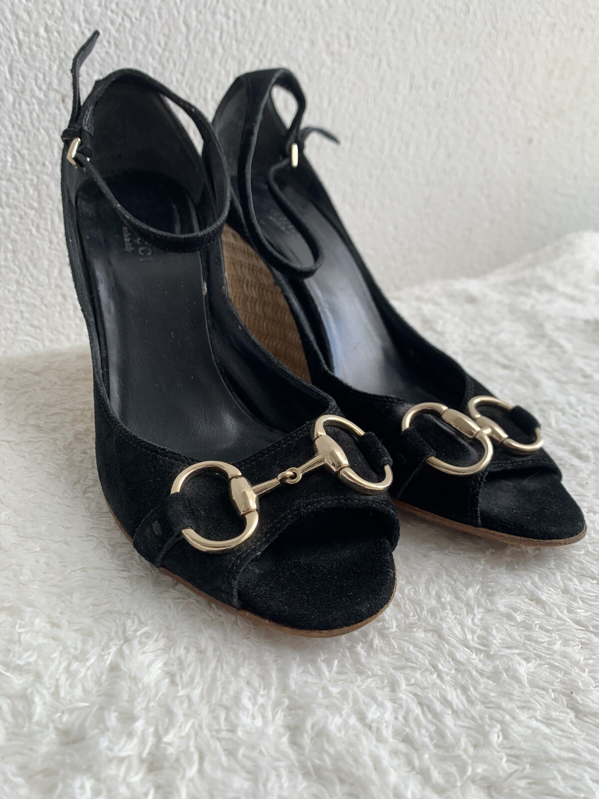 GUCCI Horsebit black suede platform wedges size 7B made in Italy-image