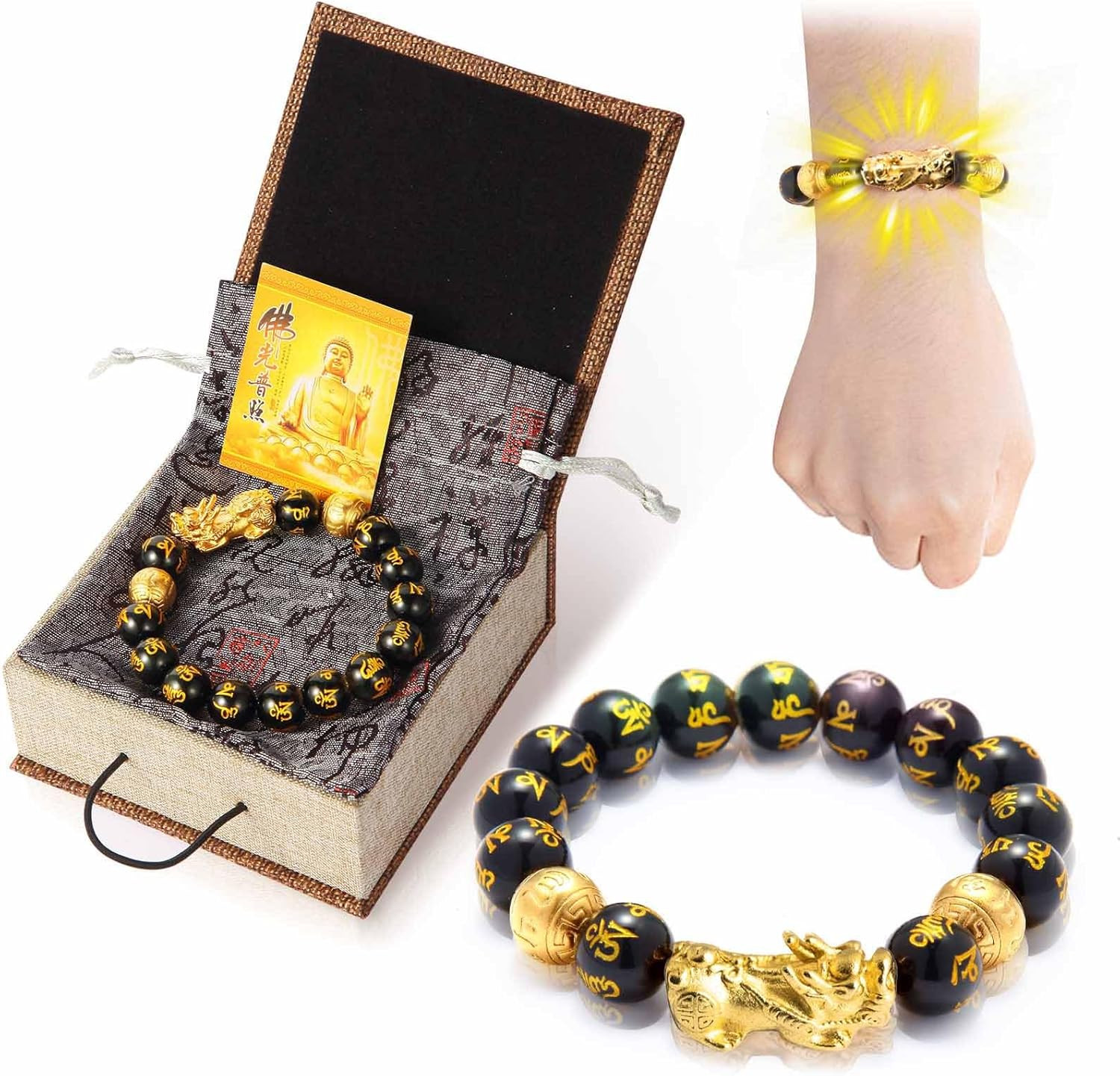 buiufish Feng Shui Bracelet 24K Gold Plated PiXiu Bracelet, Obsidian Bracelet Dr