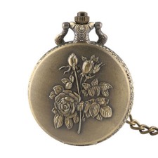Women Vintage Retro Flower Quartz Pocket Dress Watch Pendant Chain Necklace
