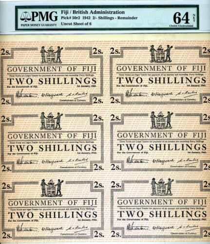 FIJI, 6 x 2 shillings 1942, Uncut sheet, Pick 50r2, WWII, PMG-64 Choice UNC - Picture 1 of 2