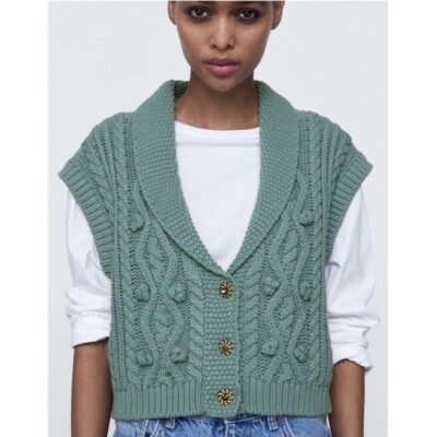 NWT ZARA CABLE KNIT VEST SWEATER RHINESTONE BUTTON SAGE GREEN ZS-S Bloggers  Fav | eBay