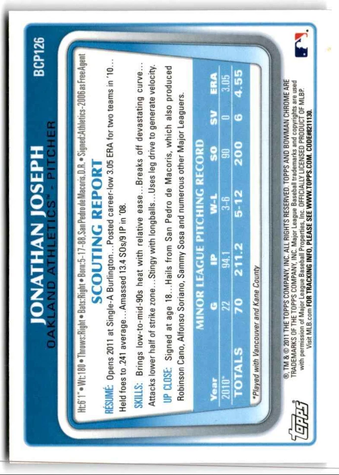 2011 Bowman Chrome Prospects Jonathan Joseph 1st Oakland Athletics #BCP126 - Image 2 of 2