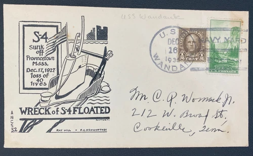1935 USS Wandank Usa First Day Cover FDC Wreck Of S-4 Floated Submarine