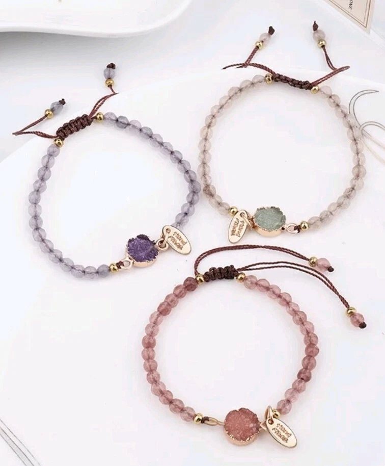 Natural Gemstone Amethyst Rose Quartz Small Ball Woven Adjustable Bracelet 756 - Image 4 of 4