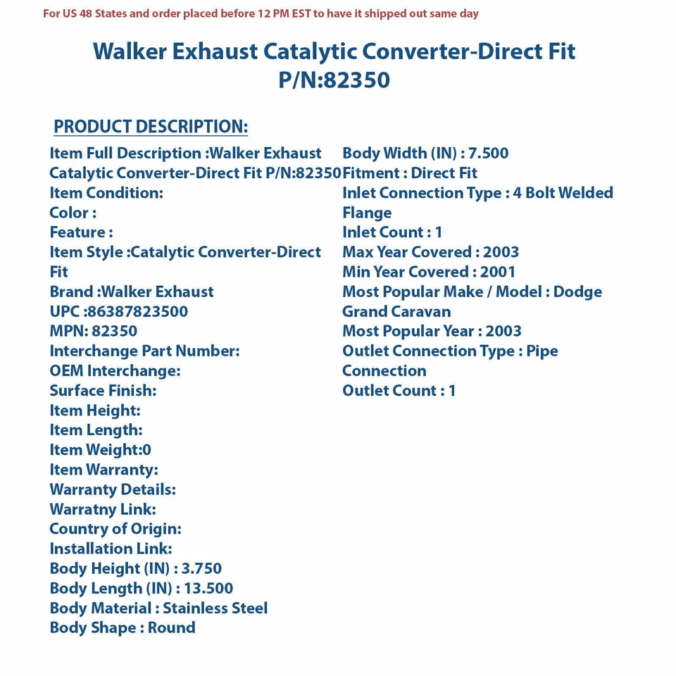 Convertidor catalítico de escape Walker - ajuste directo 82350 Foto 4 de 4