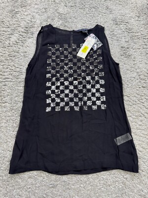 French Connection Top Women 4 Black Sheer Sequin Check Sleeveless Whimsigoth NWT