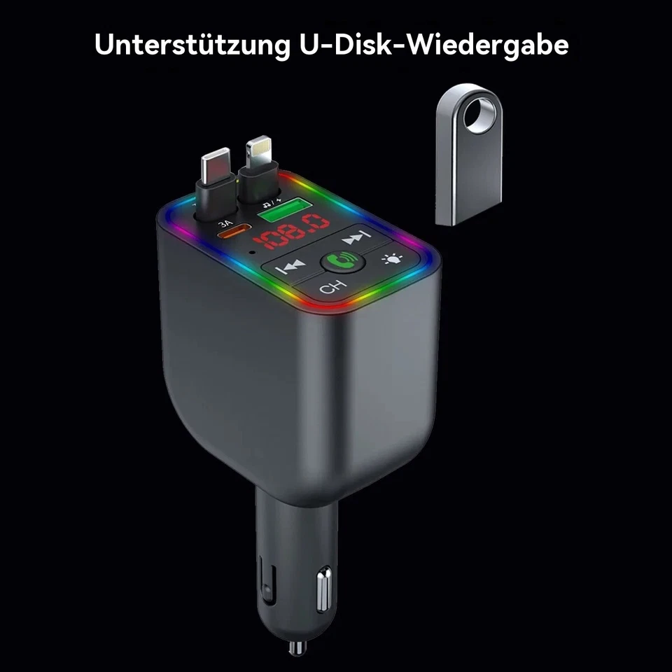 Auto FM Transmitter KFZ Bluetooth USB/TYPE-C Auto Ladegerät Handy Radio Adapter - Bild 2 von 4