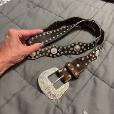 Western Nocona Leather Belt Cowgirl Bling Dark Brown Cow Hair Large N3441102