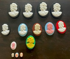 Vintage Plastic Cameo Lot of 15 Brown Blue Pink Black Green Various Sizes Cab