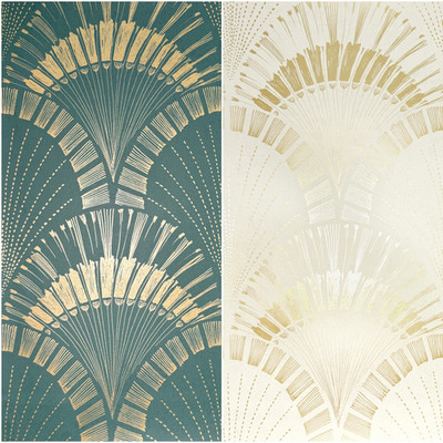 Art Deco inspirierte Tapete Metallic klassisch Fächer türkis creme gold Feature Wand