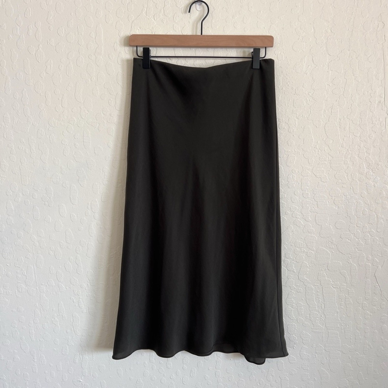 Vince Satin Pull On Elastic Waist A-Line Slip Midi Skirt Small Brown Minimalist