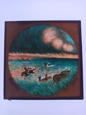 Antique Magic Lantern Slide Of A Prairie On Fire, In Colour, Fleeing Animals Etc
