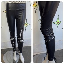 Y2K Black Lace Up Vegan Leather Pants High Rise Goth Punk Rock Glam Leggings S
