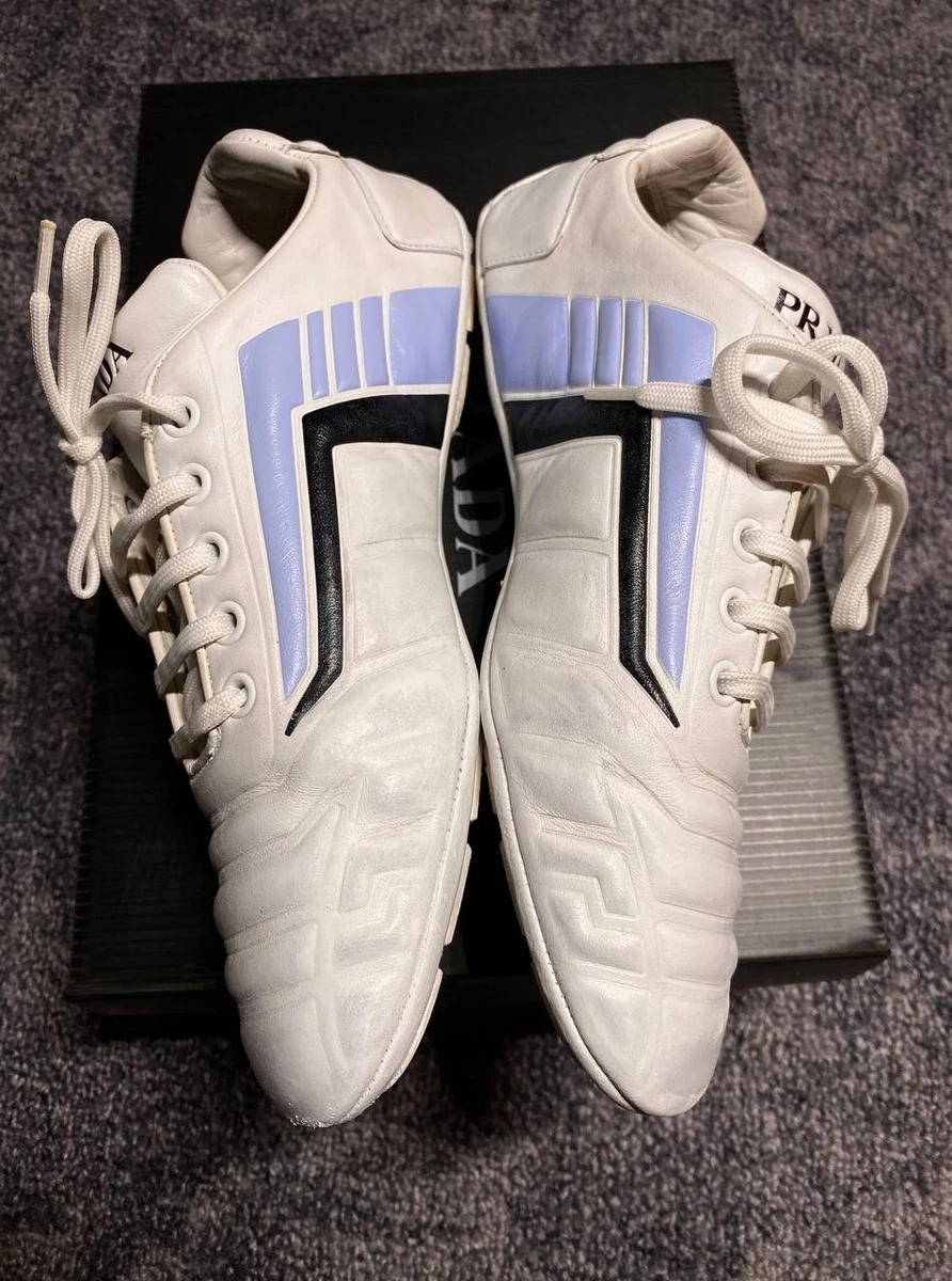 Prada Vitello Soft Leather Sneakers White Blue EU 37 1E505M Receipt Included