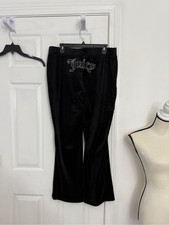 Juicy Couture Black Bling Velour Rhinestone Logo Flared Pants Size XL