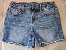 Cat Jack Girls Heart Print Denim Shorts Youth Size L 10/12 Cut Off Fringe