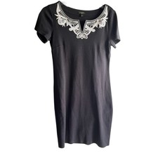 TALBOTS Black Embroidered Y neck cotton jersey knit dress stretchy NWOT SZ SP