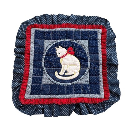 Vintage Quilted Cat Pillow Sham Navy Blue Calico Patchwork Red Lace Ruffle 21x21