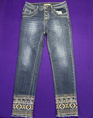 Karostar Ladies Jeans Cropped blue Medium 38 Embroidered Bottoms stretch unique