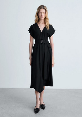 NWT MANGO MNG $100 BLACK A-LINE BELTED ASYMMETRICAL DRESS SZ S US 4