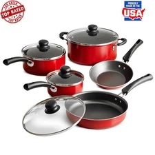 Non-stick Kitchen Cookware Set W/ Covered Sauce Pan Riveted handles Home 9 Pcs