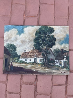 #ad Vintage 1950’s Rural Thatched Cottage Oil on Board Painting Ruth Flaks $125.00