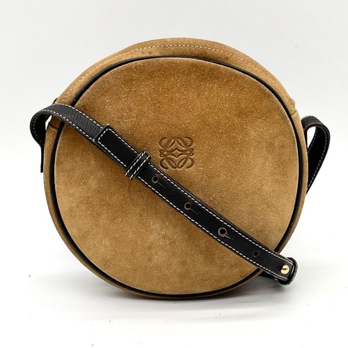 LOEWE Anagram Round Crossbody Bag Suede Leather Brown Vintage Auth