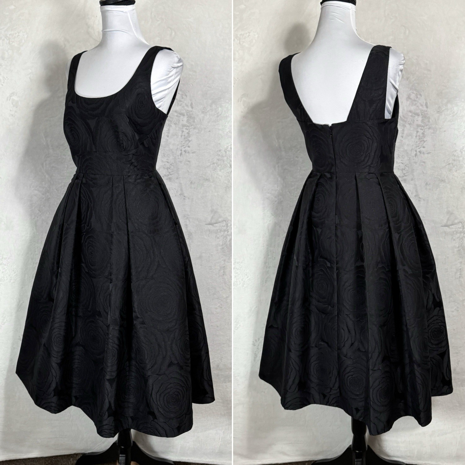 Ivanka Trump Black Floral Rose Jacquard Fit & Flare Midi Dress Size 2 Pleated