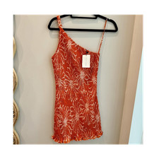 FAITHFULL THE BRAND One Shoulder Smocked Ruffle Floral Mini Dress Orange S