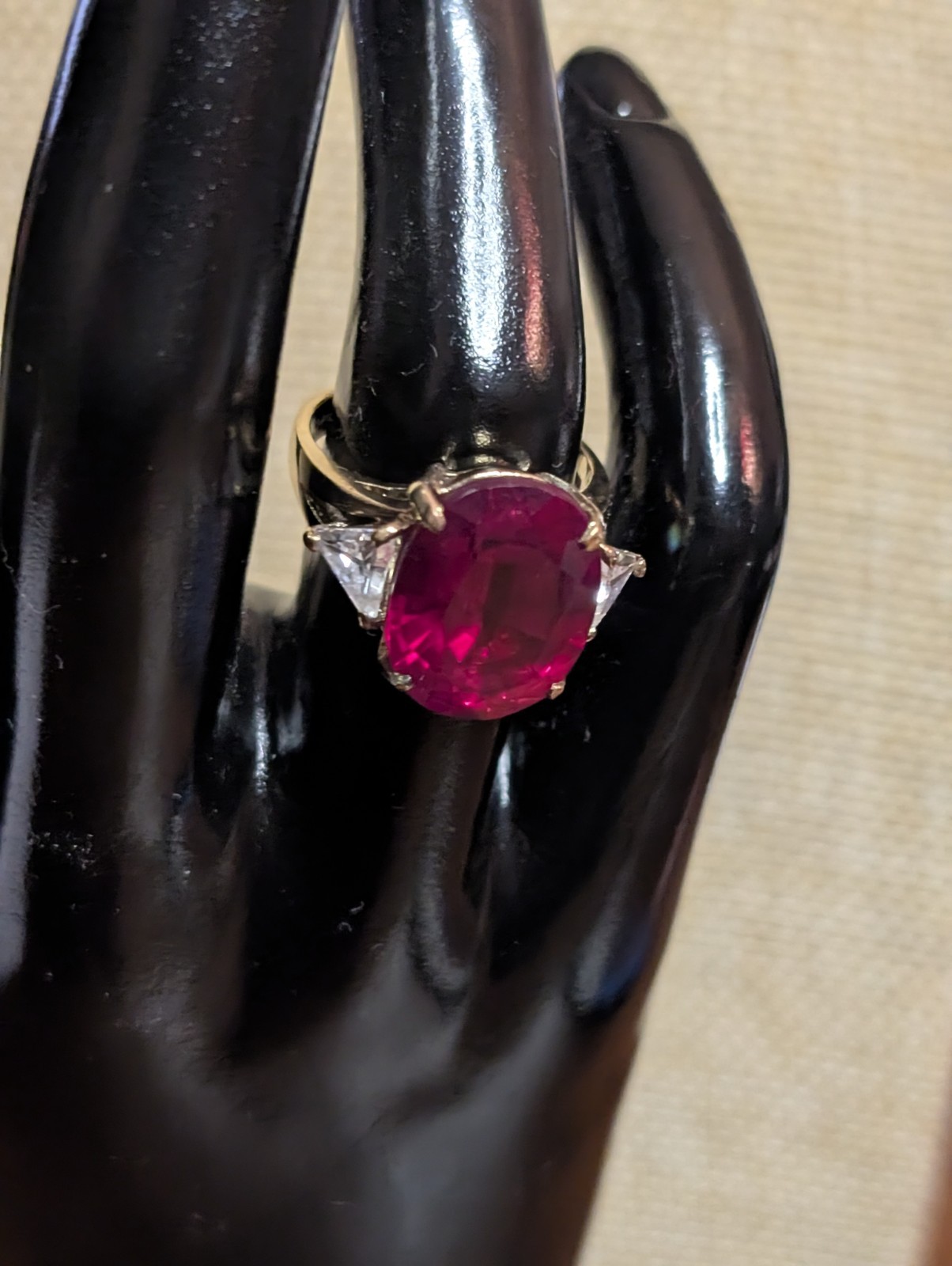 925 Gold Overlay Ruby Ring Size 7 Large Oval Appr… - image 2
