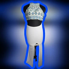 Aspeed Elegant White and Blue Beaded Sheath Evening Dress Sz XXS