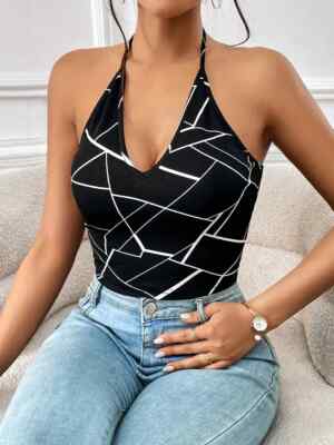 Geo Print Crop Halter Top Sexy Deep V Neck Backless Slim Summer Top M, XL NWT