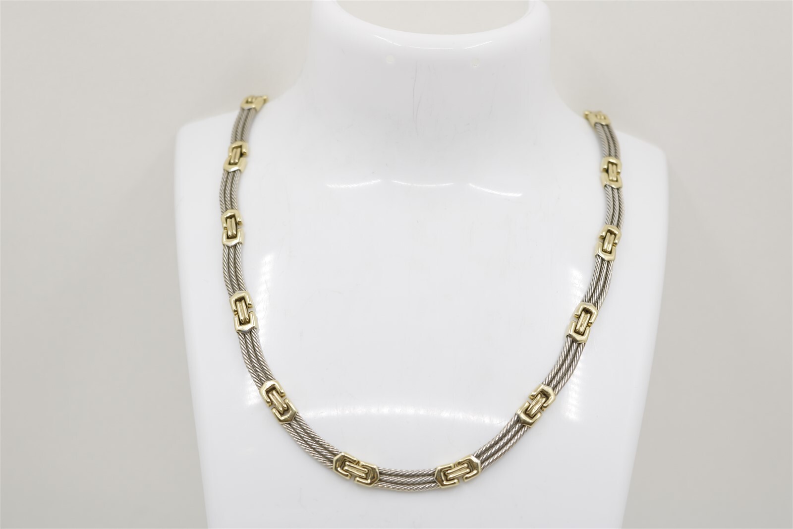 Vintage 14K Two-Tone Gold Curved Rope Bar Link Necklace 17 Inch