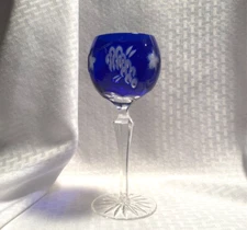 AJKA GRAPES WINE GLASS CASED COBALT BLUE CUT TO CLEAR CRYSTAL BOHEMIAN HUNGARY