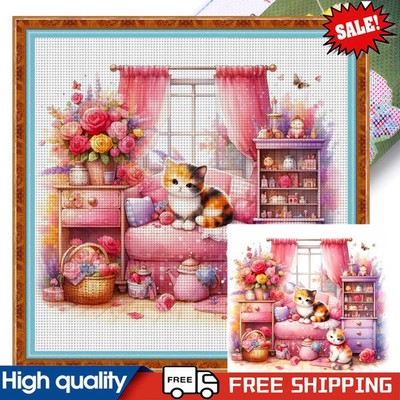 Vollstickerei Öko-Baumwollgarn 14CT bedruckt Katzenhaus Kreuzstich 40x40cm ~G