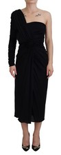 DOLCE & GABBANA Dress Black Wrap Sheath One Shoulder Wool IT44/US10/L 3230usd