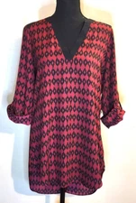 #370 Amy Wear M Burgundy/Black Print Tunic 3/4 Cuffed Sleeves V Neck Casual EUC
