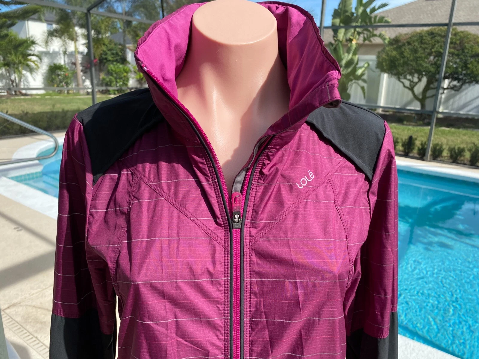 lole striped full zip front lightweight hooded jacket
