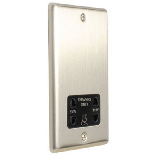 Dual Voltage' Shaver Socket, 2 Gang, Polished Chrome, Black Trim, Enhance Range