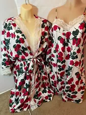 L Vtg Beth Michaels Nightgown ROBE Set Chemise Red Roses Green Ivory Lace