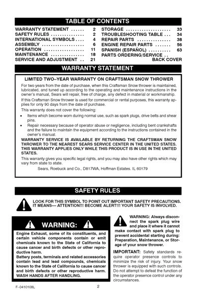 Instruction Book − Snowthrower Model 621401x54NB Manuel de l