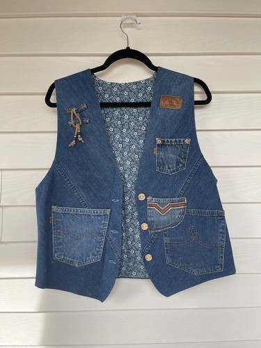 VINTAGE HAND MADE ORANGE TAB Levi Denim Quilt Vest Womens OOAK