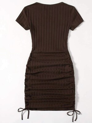 SHEIN Brown ribbed side cinch drawstring ruched Short Sleeve dress SZ M NEW  | eBay
