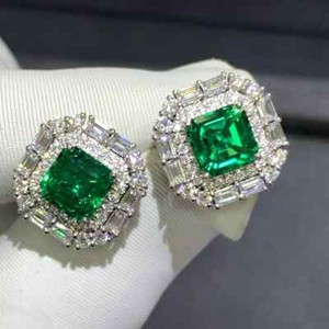 Authentic 3Ct Asscher Cut Natural Green Emerald Halo Stud Earrings 14K White Gold Plated