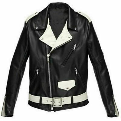Men's Genuine Leather Black/White Dual Tone Biker Coat Belted Motorcycle Jacket