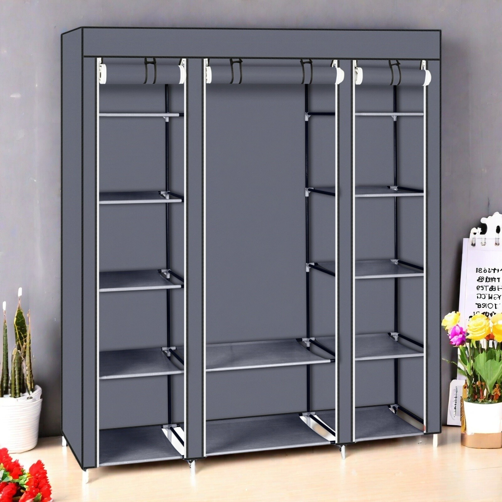 5-Tier Portable Wardrobe Closet - Gray, Non-woven Fabric,12-Cube & Roll-Up Door