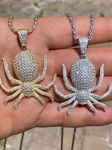 Authentic REAL Solid 925 Sterling Silver Spider Pendant Iced Gold Plated HipHop Big CZ