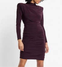 EXPRESS sz S (waist 28") Eggplant Mock Neck Ruched Bodycon Mini Dress Lined